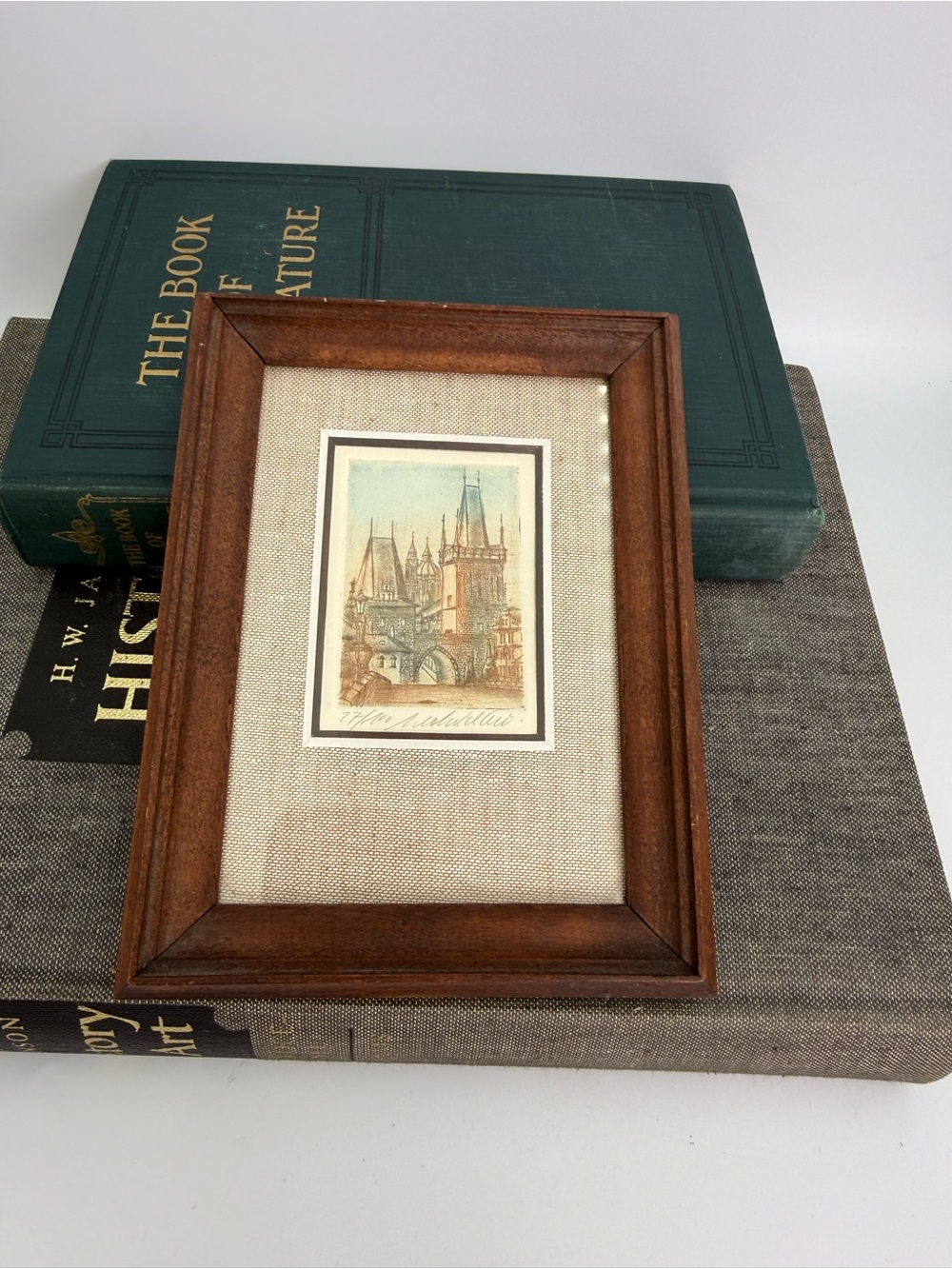 Vintage Framed Original Etching Prague Lesser Town Bridge Tower Signed 6.75x5”